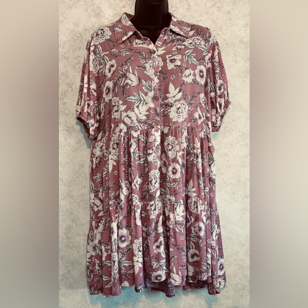 Easel Women's Baby Doll Flowy Dress Small Pink Taupe Color Button Front Ruffle